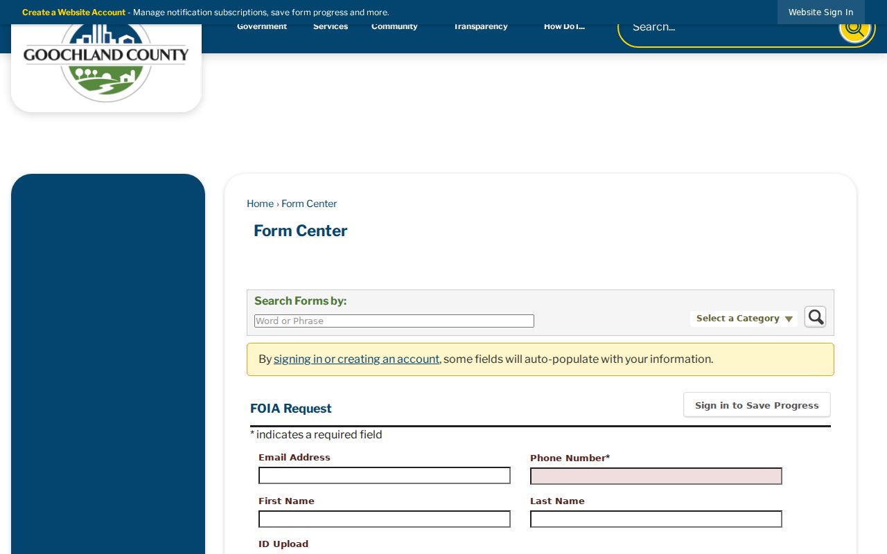 Goochland County FOIA request form with fields and cost-estimate choice