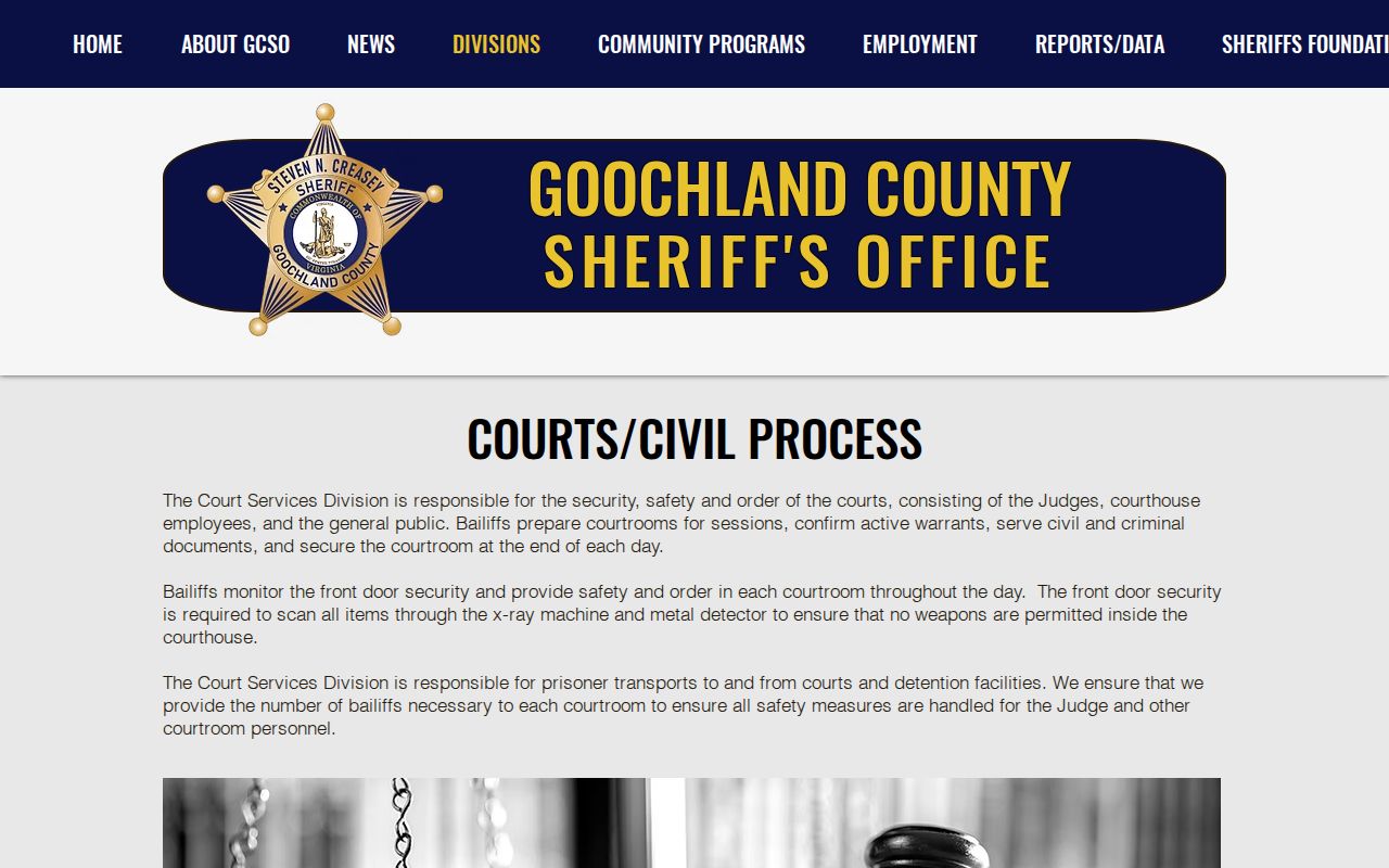 Goochland Sheriff's Court Services page describing warrant confirmation and court duties
