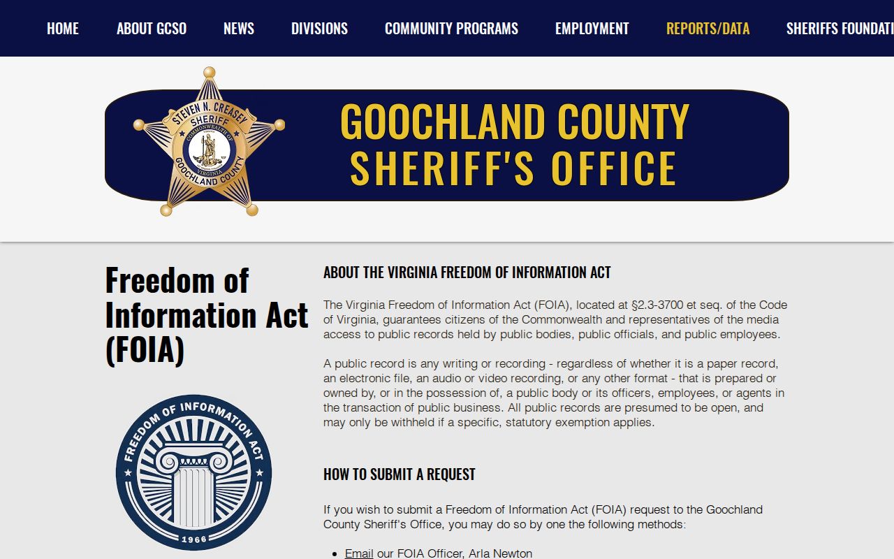 Goochland Sheriff's FOIA page showing public request and exemption information