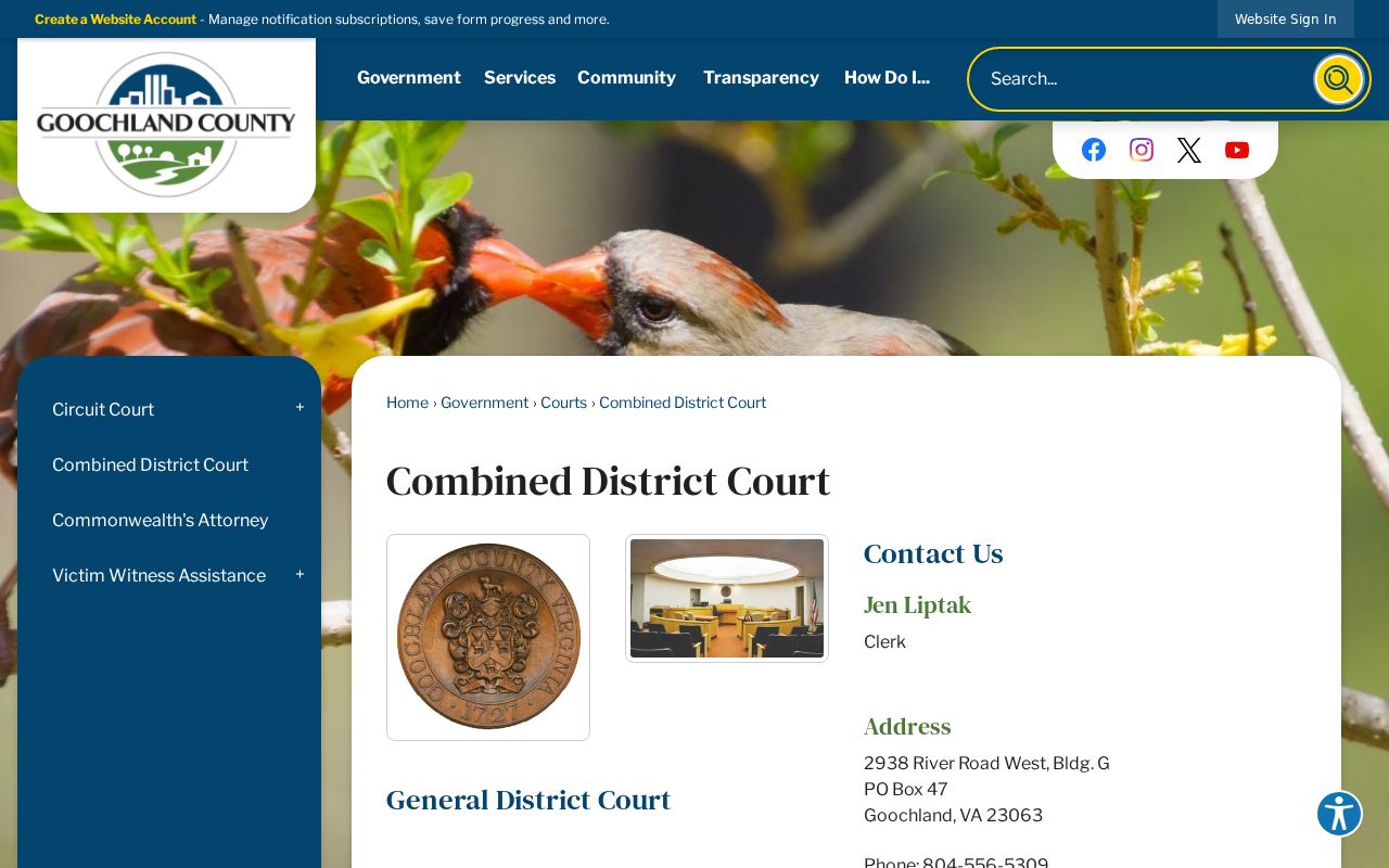 Goochland County page describing its combined General District and Juvenile and Domestic Relations courts
