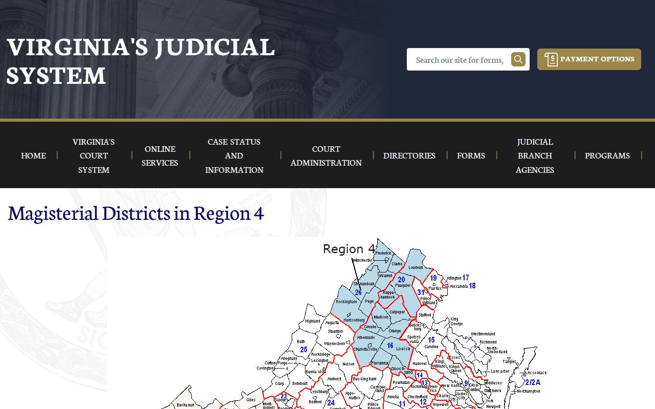 Virginia Courts map showing Goochland within Magistrate District 16