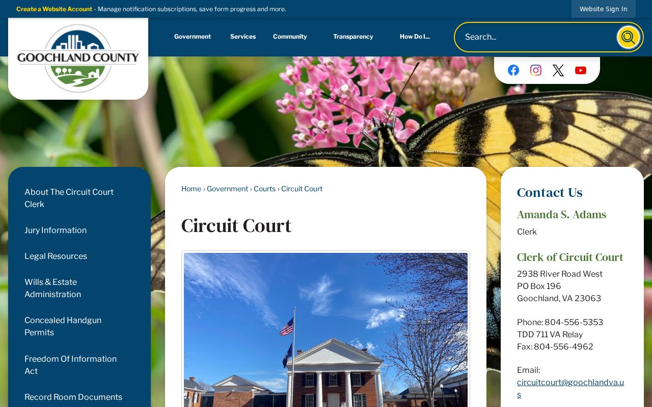 Goochland Circuit Court office page with clerk and courthouse information