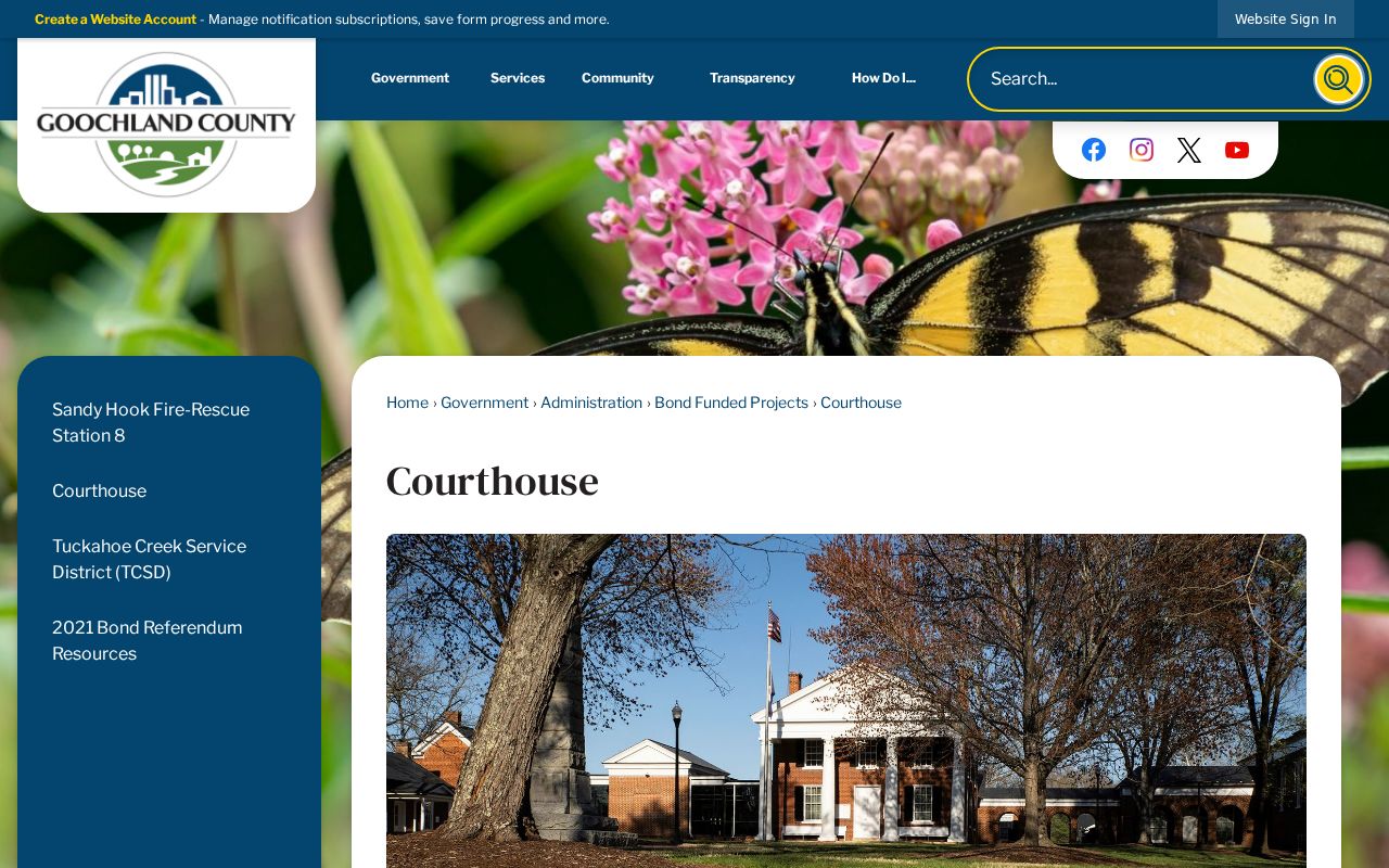 Goochland County courthouse project page showing the existing court complex and 2026 project