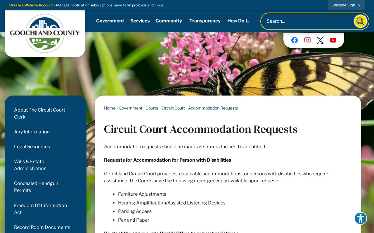 Goochland Circuit Court accommodation request page for ADA and interpreter assistance