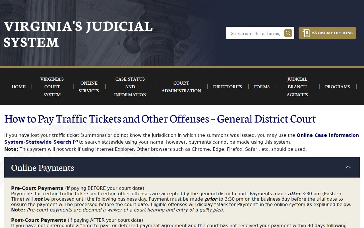 Virginia Courts traffic and other-offense payment page with case search instructions