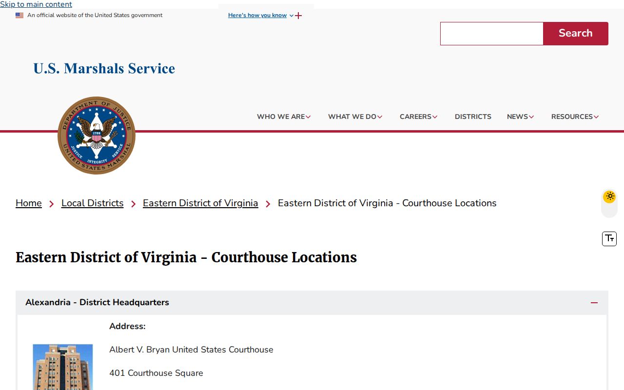 Eastern District of Virginia federal courthouse location page
