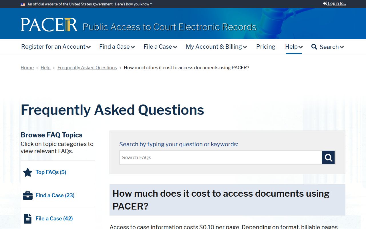 PACER help page explaining fees for federal court documents