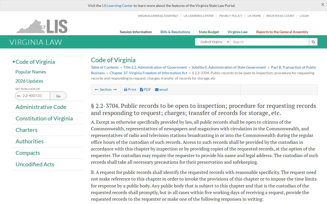 Virginia FOIA statute page describing request, response, and charge rules