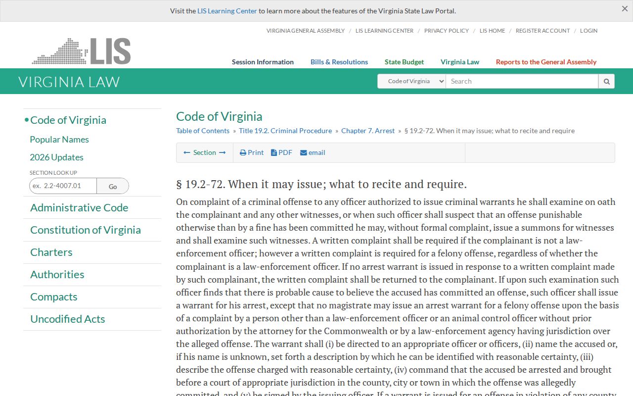 Virginia Code section on complaint and probable-cause warrant issuance