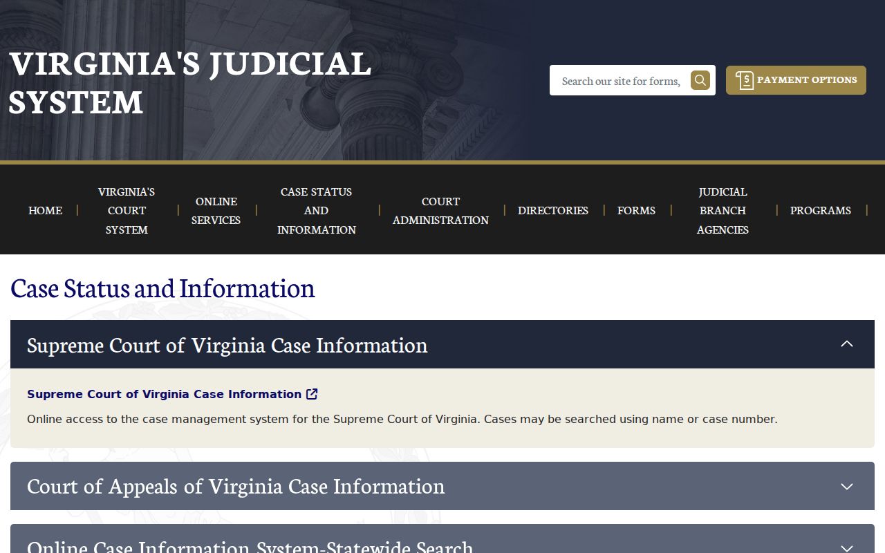 Virginia court case-status hub listing public court search channels