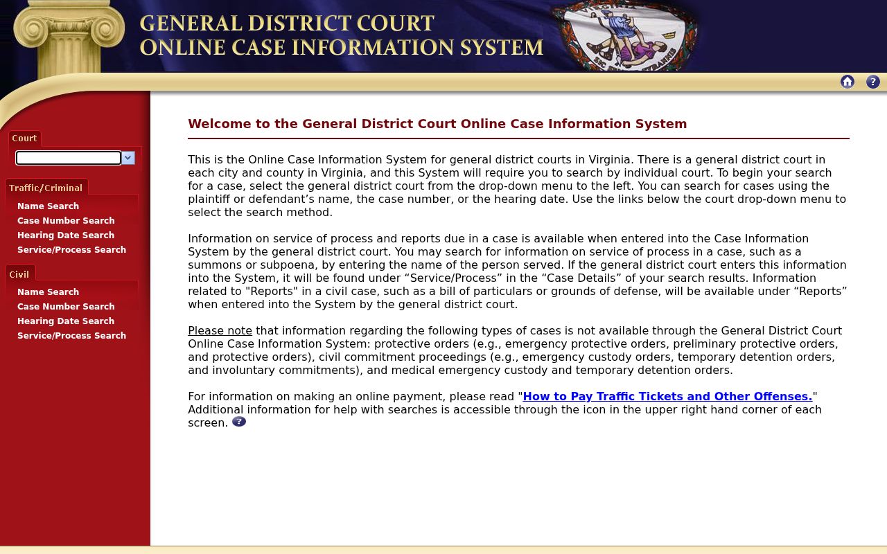 Virginia General District Court locality selector for choosing Goochland County