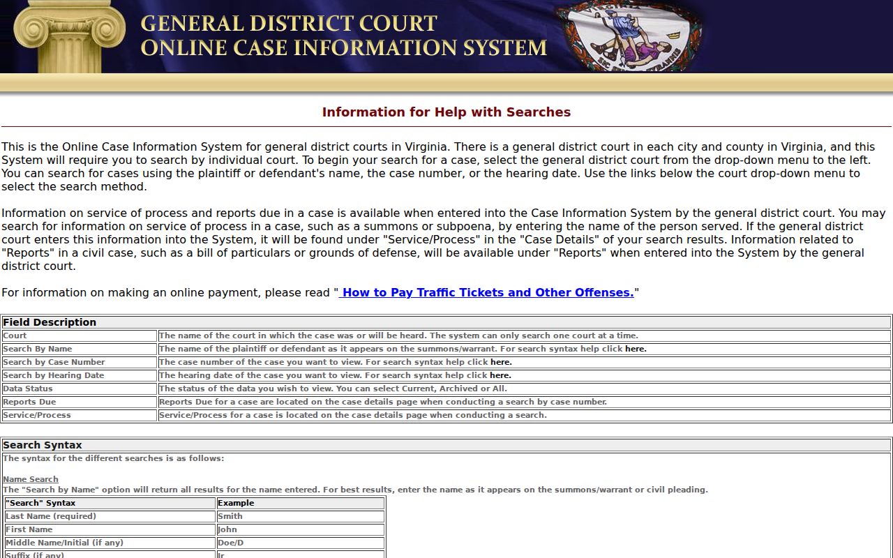 Virginia General District Court search help showing name and case fields