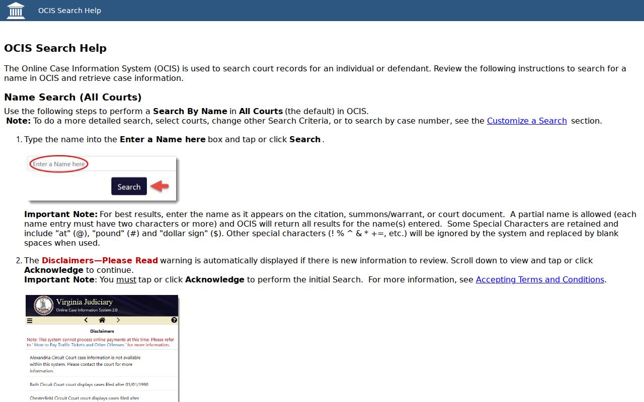 OCIS help page describing name, case number, hearing date, and result fields