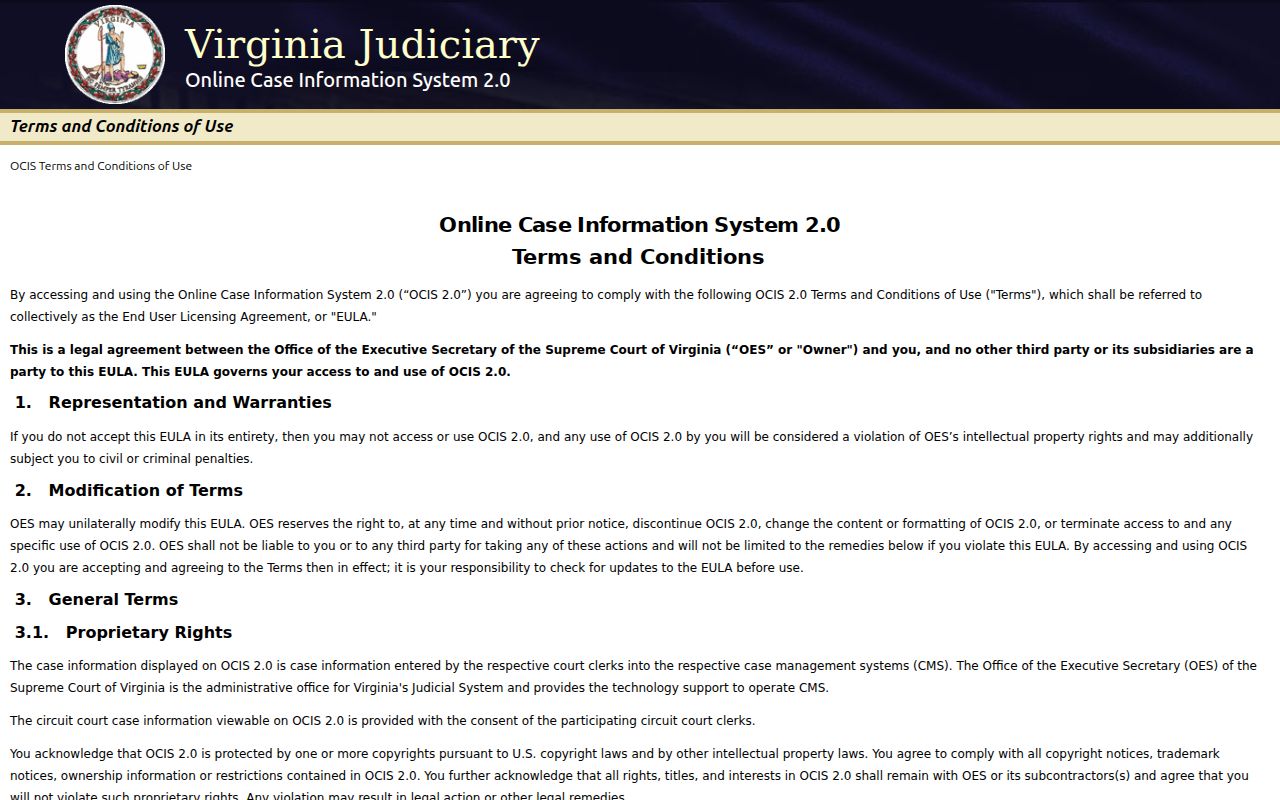 OCIS 2.0 public search landing page with court filters and search controls
